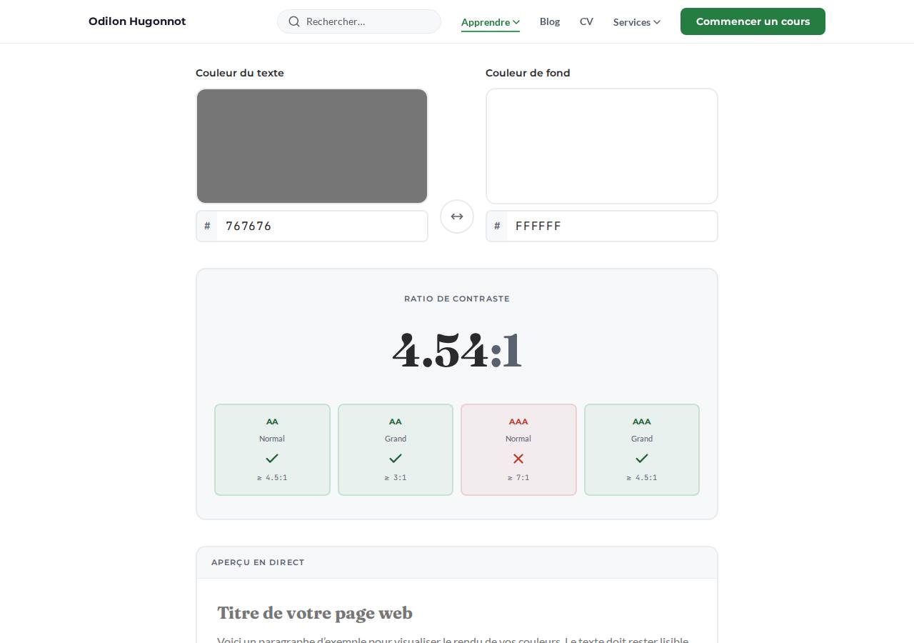 Vérificateur de contraste ouvert depuis un lien partagé, gris #767676 sur blanc, ratio 4.54 affiché, sur desktop