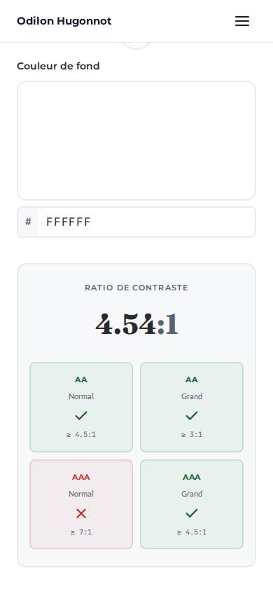 Vérificateur de contraste ouvert depuis un lien partagé, gris #767676 sur blanc, ratio 4.54 affiché, sur mobile