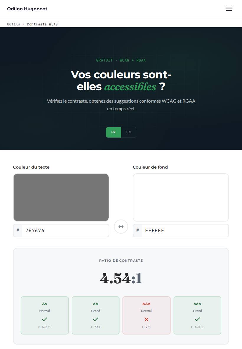 Vérificateur de contraste ouvert depuis un lien partagé, gris #767676 sur blanc, ratio 4.54 affiché, sur tablette