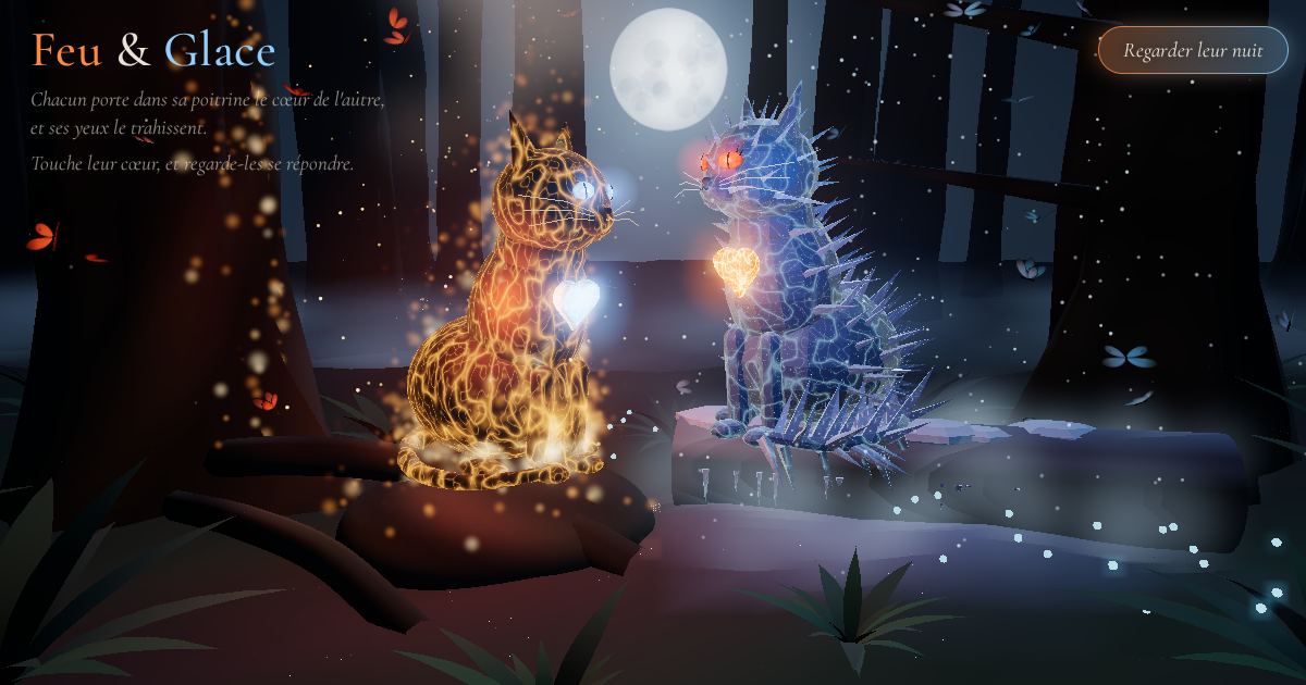 Deux chats sous la lune dans une forêt d'hiver, l'un rougeoyant comme une braise, l'autre bleu comme la glace