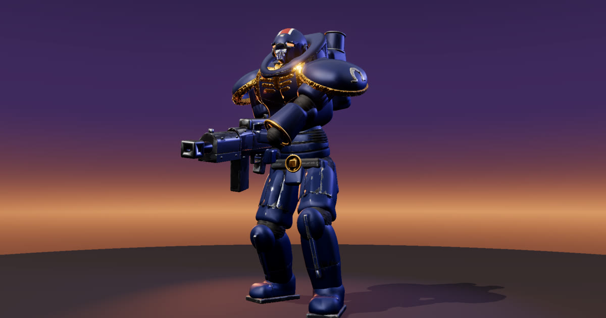 Un Space Marine en armure bleue et or, bolter en main, sous un ciel de crépuscule violet et orangé