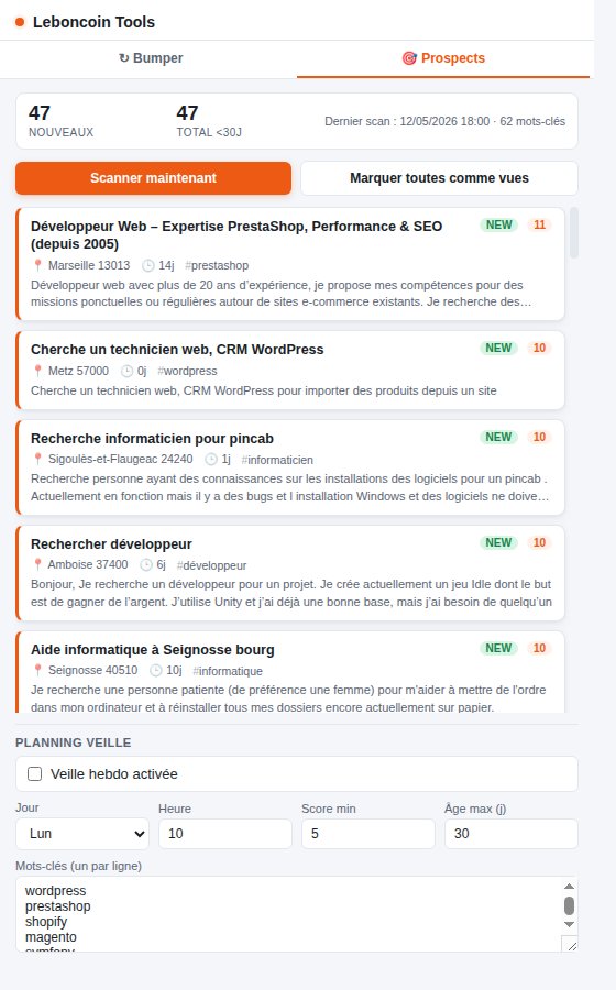 Leboncoin Bumper - Onglet Prospect Watch listant les demandes tech récentes