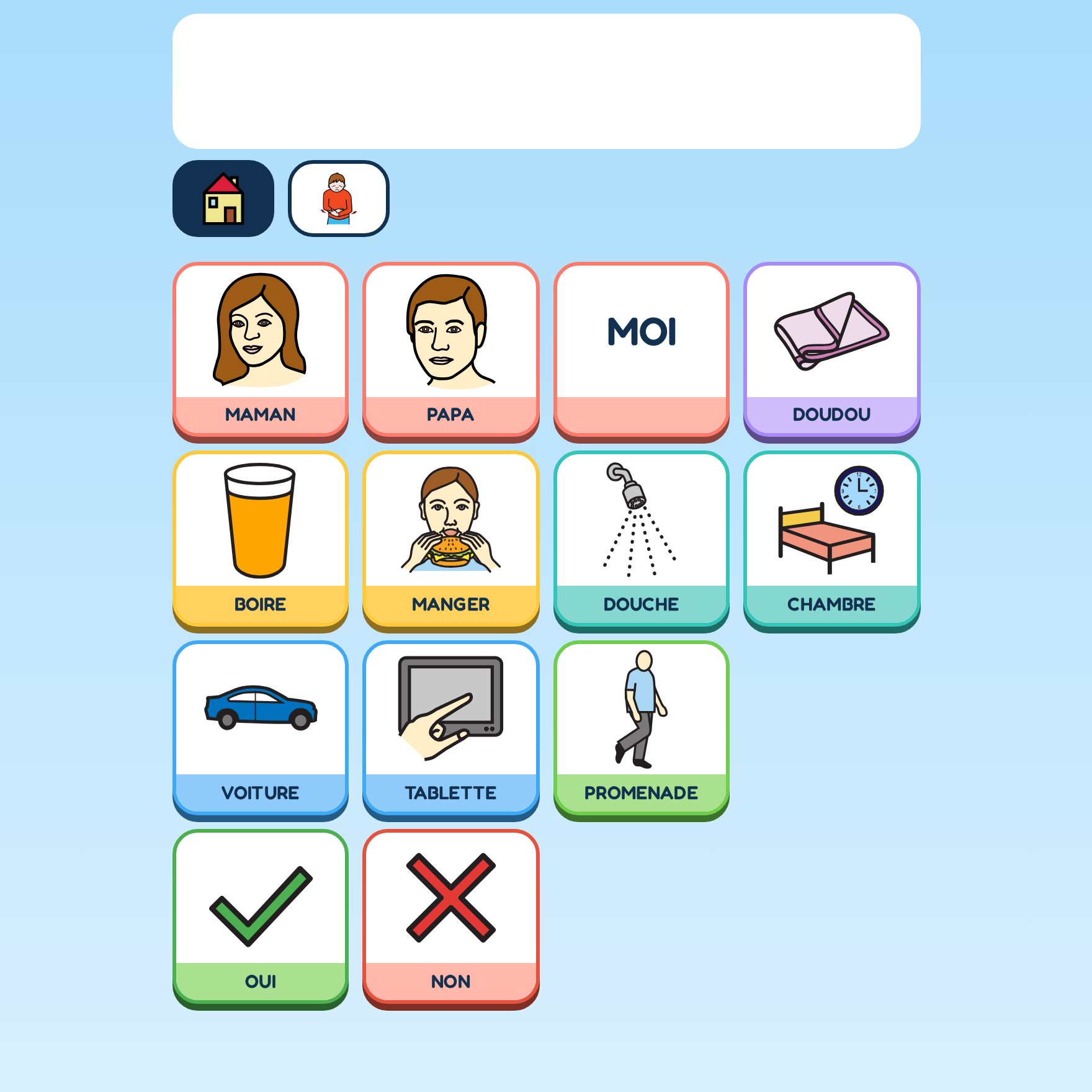 Mes Mots : tableau de pictogrammes CAA avec bande phrase et catégories (maman, papa, manger, douche, chambre...)