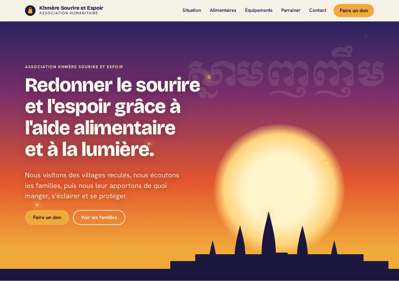 Khmère Sourire et Espoir : coucher de soleil derrière la silhouette d'Angkor et titre « Redonner le sourire et l'espoir »