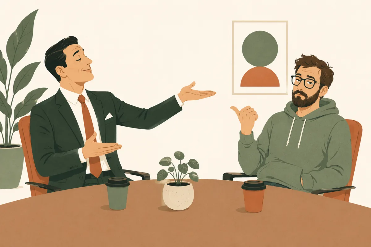 A corporate recruiter in a suit gestures grandly toward a relaxed bearded engineer in a hoodie, who points a thumb back at the recruiter with a deadpan expression, two coffee cups and a potted plant between them