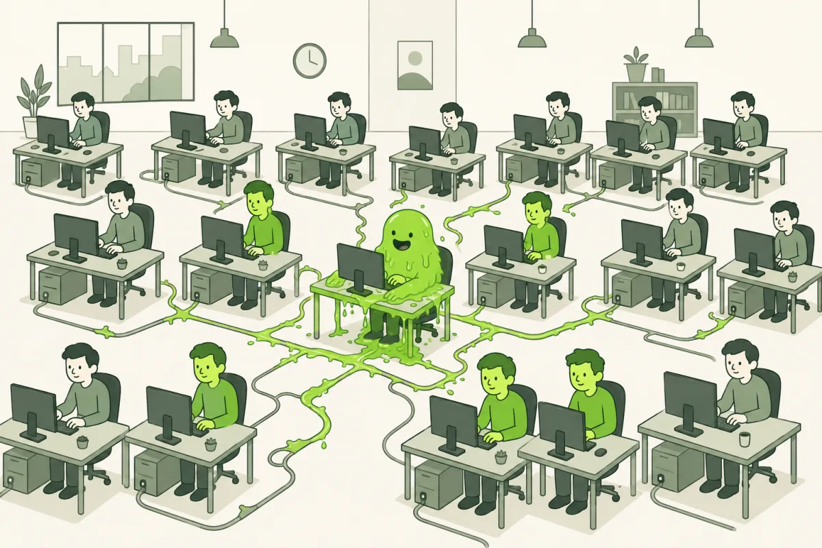 Un open space de petits développeurs : au centre, un blob de slime vert souriant dont la coulée se propage le long des câbles, les développeurs proches verdissent