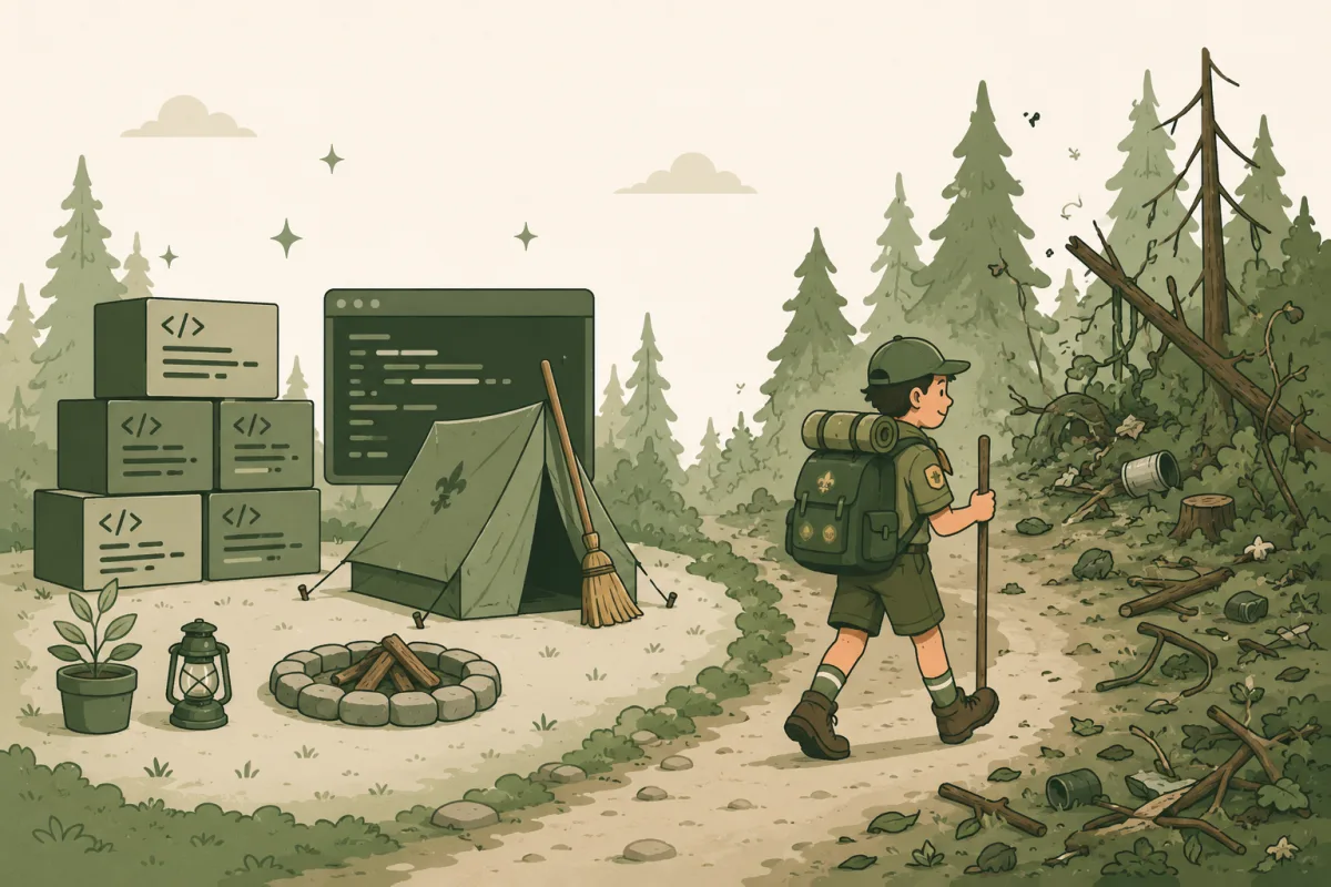 Un scout quitte un campement fait de blocs de code parfaitement rangés, balai posé contre la tente, tandis que la forêt voisine est en désordre