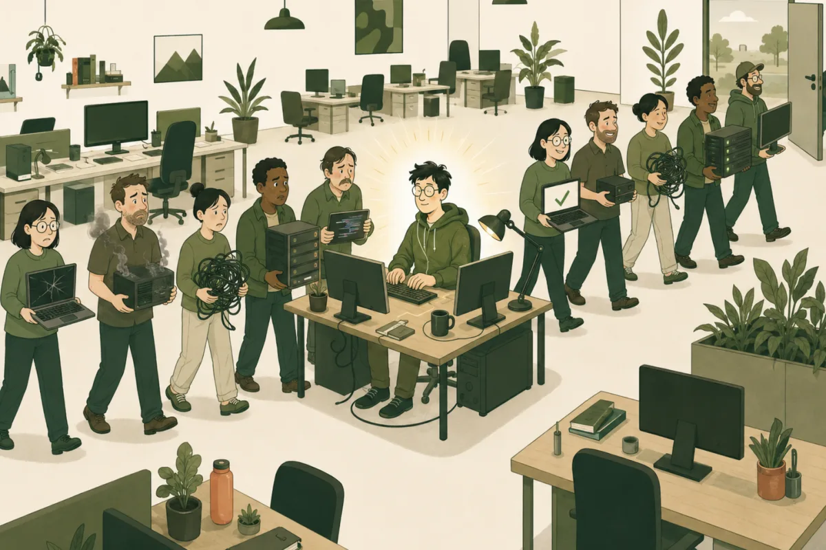 Un open space : un ingénieur tape en transe, presque lumineux, pendant qu'une longue file de collègues serpente autour des bureaux, chacun portant un objet en panne (laptop en flammes, câbles emmêlés, serveur)