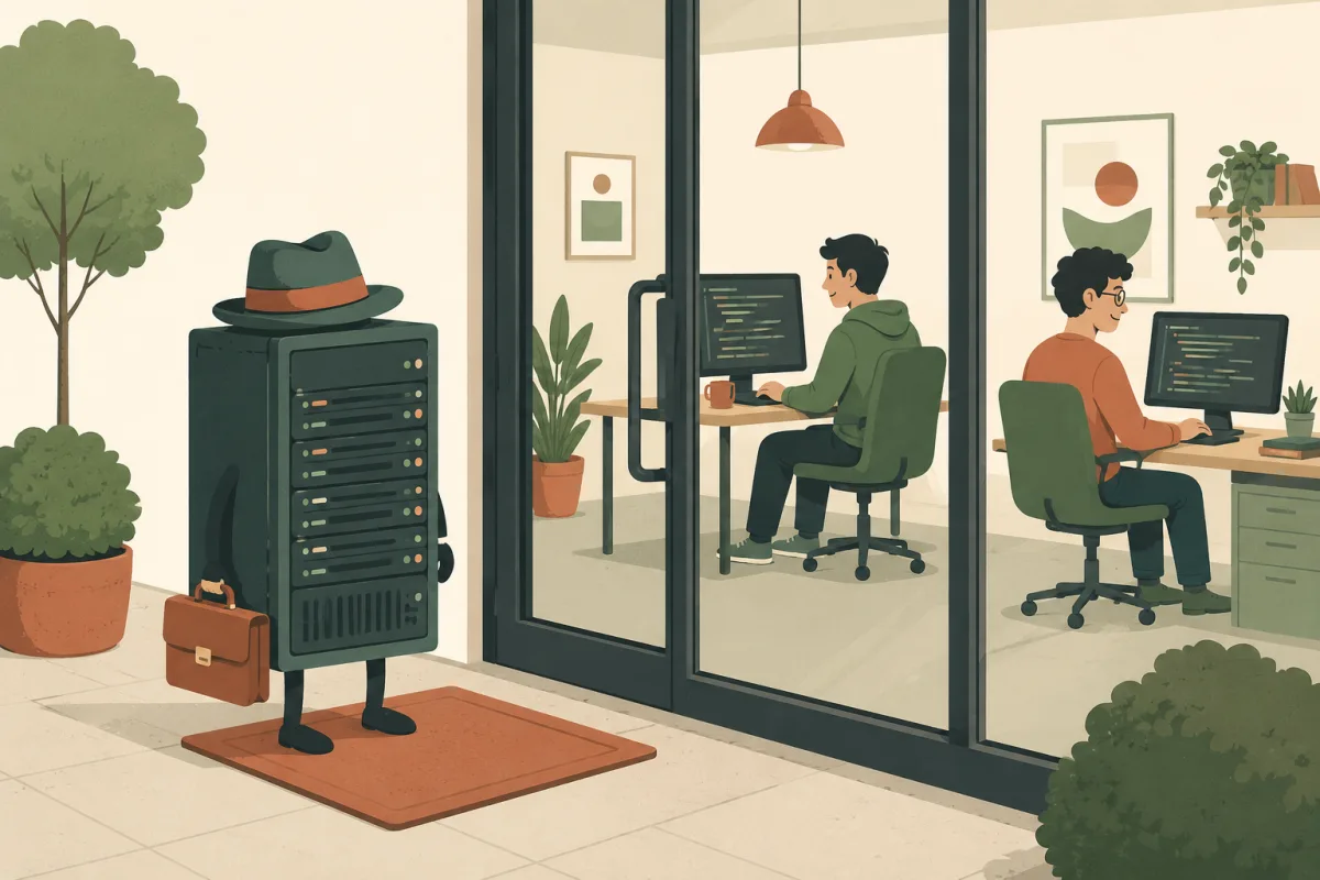 A database server wearing a salesman hat and holding a briefcase waits on a doormat outside a glass door while two developers code peacefully inside