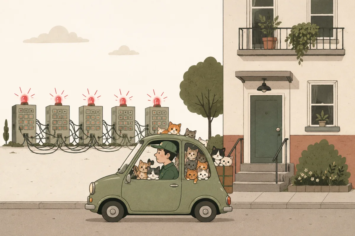 A delivery driver in a tiny car overflowing with kittens arrives at an apartment building while five identical small buildings behind him, connected by tangled cables, all flash red alarms at once