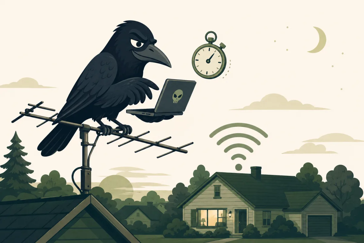 Une corneille perchée sur une antenne de toit, un ordinateur portable sous l'aile et un chronomètre flottant, face à une maison qui émet du WiFi