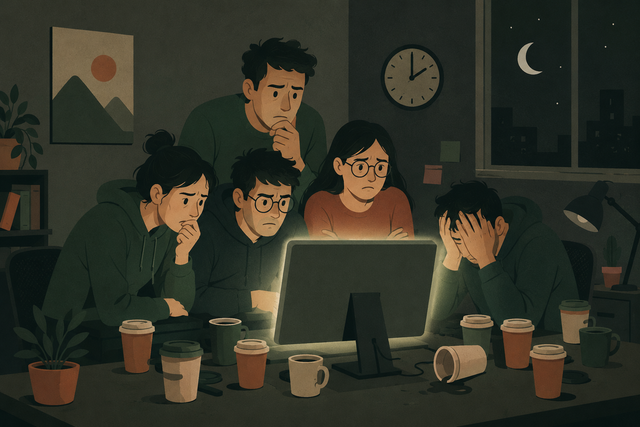Une équipe de développeurs réunie anxieusement autour d'un écran lumineux dans un bureau sombre à 2h du matin, des cafés partout, une personne la tête dans les mains