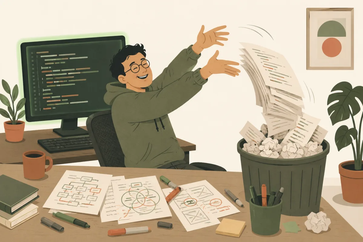 Un développeur jette joyeusement une pile d'impressions de code dans une corbeille ; le terminal derrière lui montre l'original intact ; diagrammes et marqueurs éparpillés sur le bureau
