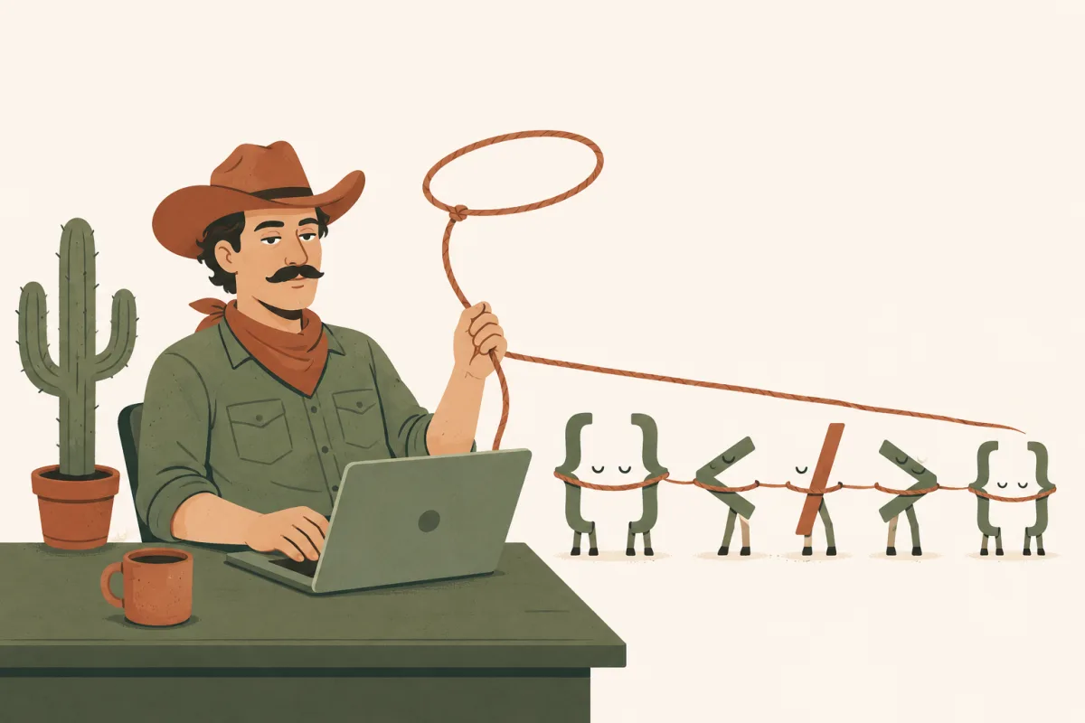 A calm cowboy developer at a laptop has lassoed a herd of chaotic curly braces and angle brackets, now lined up neatly in a row like cattle, with a cactus and a coffee mug nearby