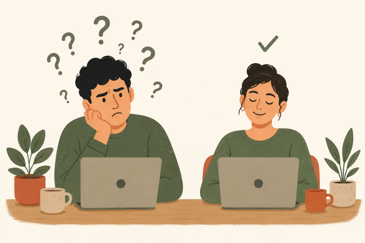 Two users at their laptops: the first frowns under a swarm of question marks, the second smiles under a single green check mark