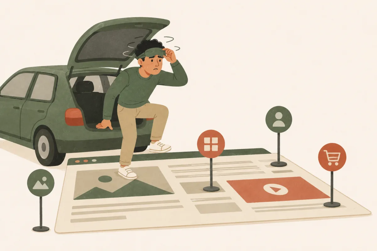 A dizzy person, blindfold pushed up, climbs out of a car trunk onto a giant webpage spread on the ground, looking for the signposts planted on it