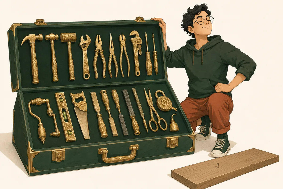 A proud young developer opens an enormous toolbox filled with 23 ornate golden tools, facing a plain wooden board with one single tiny nail sticking out