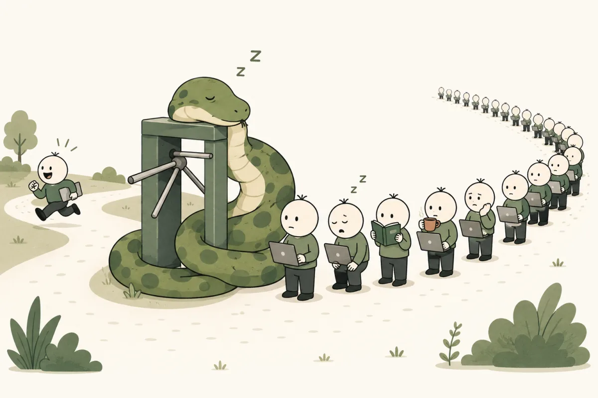 Un grand serpent endormi enroulé autour d'un tourniquet, une longue file de petits personnages avec des ordinateurs portables qui attendent en somnolant, un seul personnage court de l'autre côté