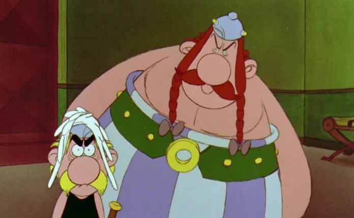 Asterix and Obelix furious and dishevelled, fresh out of the place that sends you mad in The Twelve Tasks of Asterix