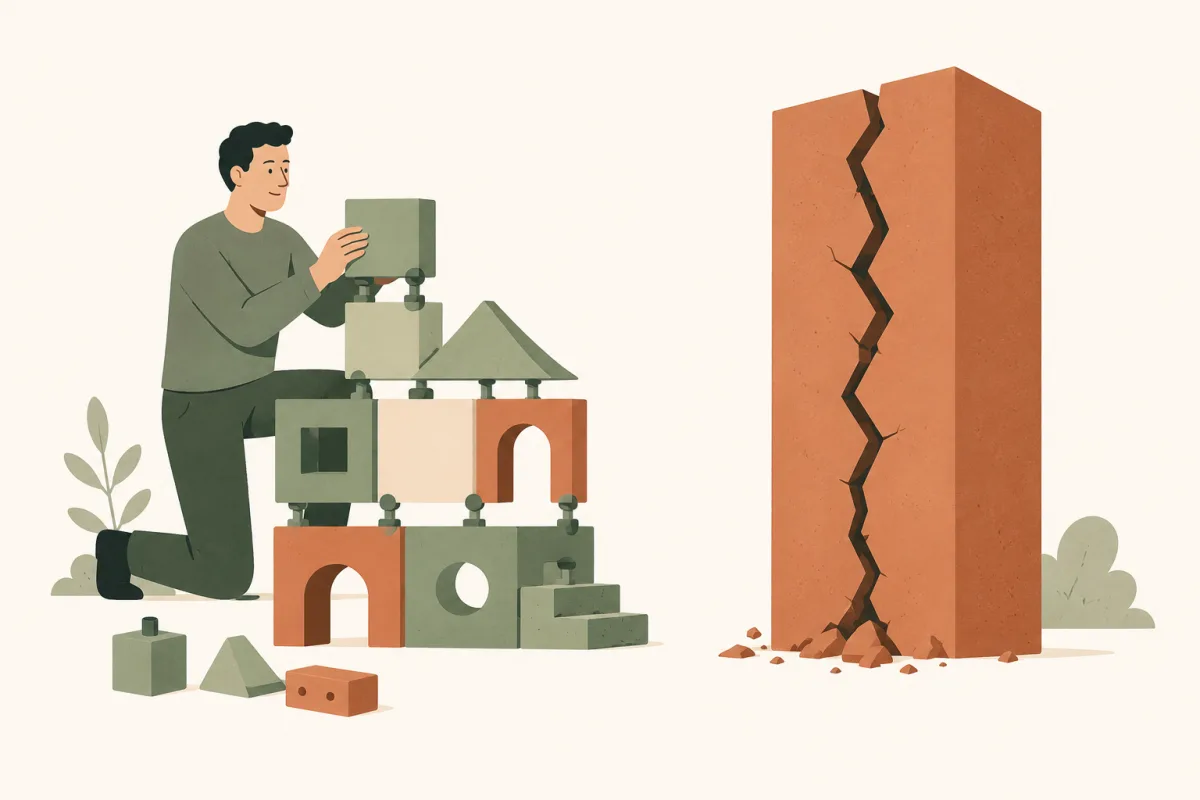 On the left, a calm builder assembles a sturdy structure from interchangeable modular blocks with clean joints; on the right, a rigid monolithic tower cracks from top to bottom
