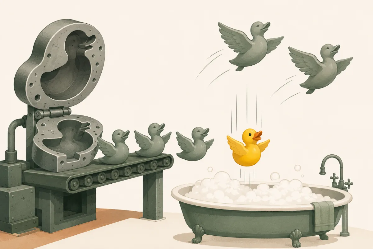 A duck-shaped metal mould opens onto a conveyor belt: identical ducks come out, two of them fly away, and a yellow rubber duck strikes the same flying pose while dropping toward a bathtub full of foam