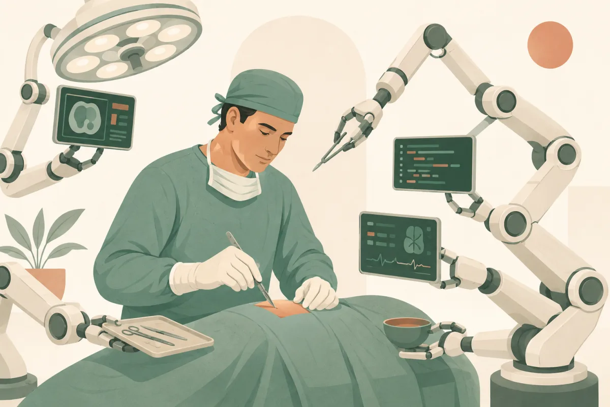 A focused human surgeon alone holds the scalpel, surrounded by robotic arms handing over instruments and screens of code: the human decides the move