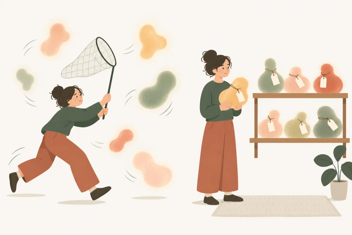 À gauche, une femme court avec un filet à papillons après des formes molles et sans nom qui lui échappent. À droite, la même tient doucement l'une de ces formes, maintenant munie d'une étiquette, pendant que d'autres, étiquetées elles aussi, sont rangées sur une étagère