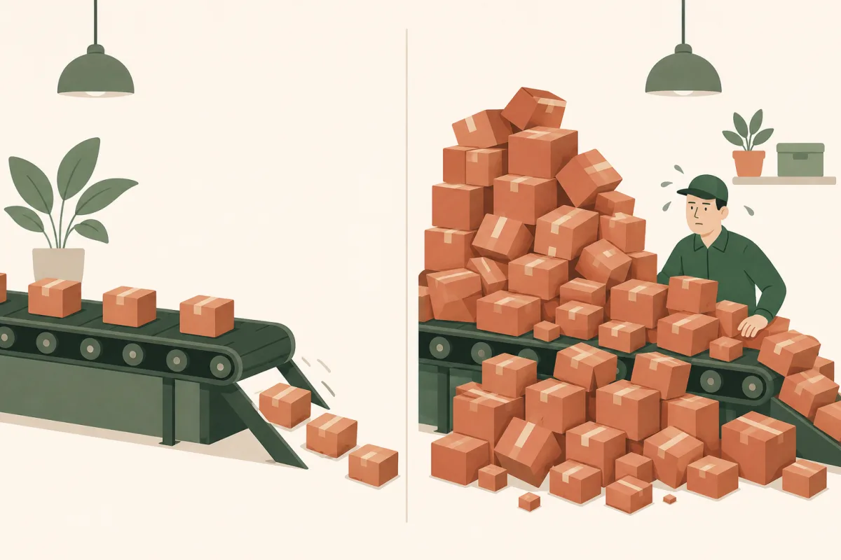 On the left, a smooth conveyor belt sends small parcels flowing steadily off the end; on the right, a jammed conveyor is buried under a mountain of stuck boxes in front of an overwhelmed worker
