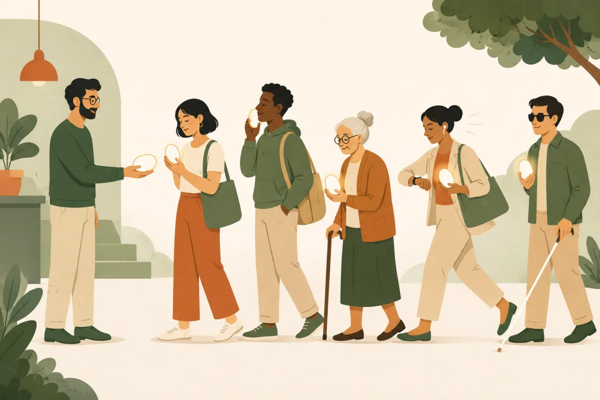 A developer hands a simple glowing object to a line of everyday people: an elderly person with a walking stick, a blind person with a white cane, someone in a hurry checking their watch; each takes it instantly