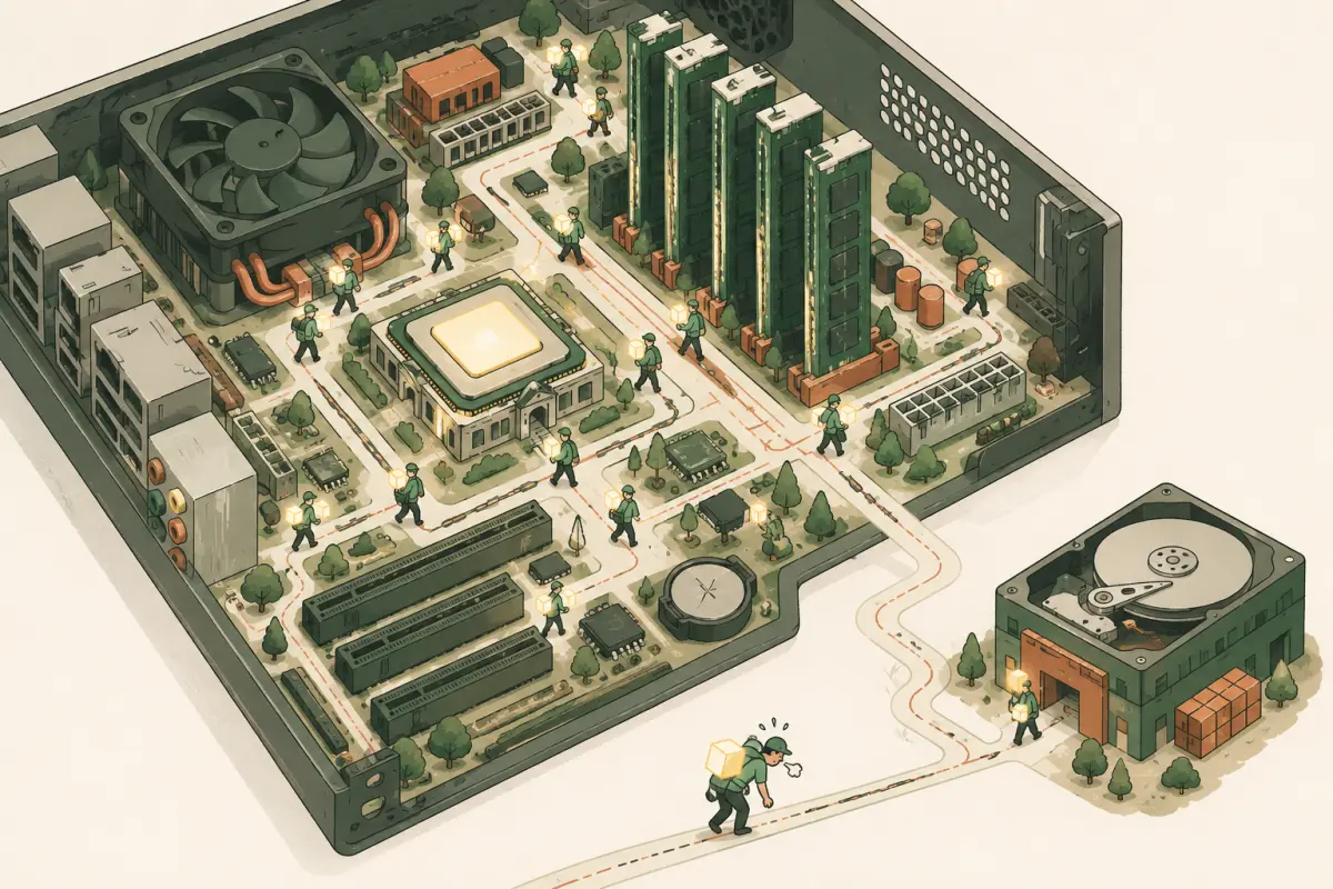 A motherboard drawn as a city seen from above: the CPU chip glows at the center like a city hall, RAM sticks rise as nearby buildings, and the hard drive is a warehouse on the outskirts, linked by a long path. Couriers carry glowing parcels of data, and the one walking to the distant warehouse is out of breath