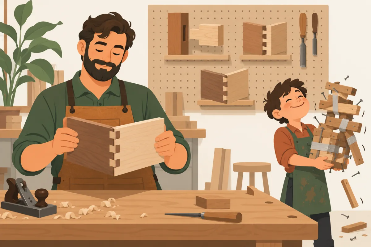 Un menuisier barbu, serein, tient deux planches assemblées par une queue d'aronde parfaite ; derrière lui, un panneau présente d'autres assemblages nommés. À droite, son apprenti, ravi, porte un tas de planches tenues par des clous et du ruban adhésif, qui commence à s'écrouler