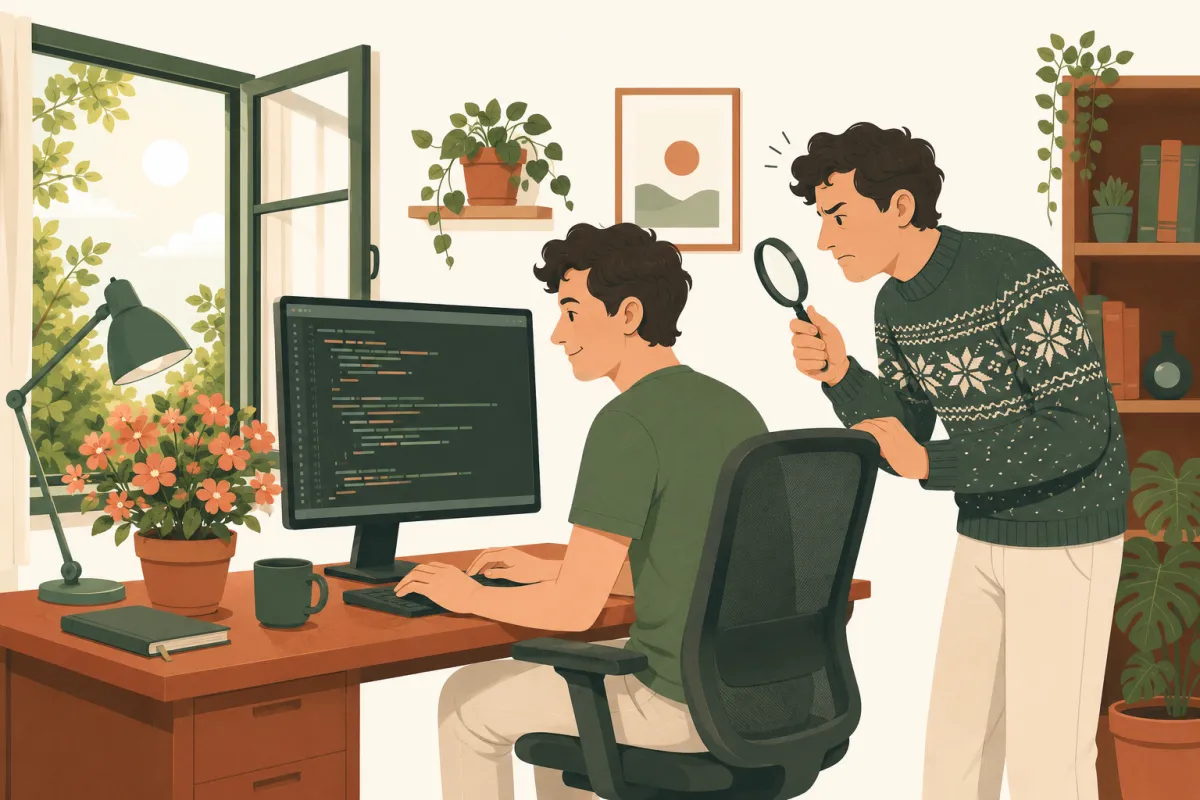 A developer writing code on a summer day, window open and flowers on the desk. Standing behind the chair, the same man six months later, in a winter sweater, magnifying glass in hand, frowning at the screen: he no longer understands what he wrote