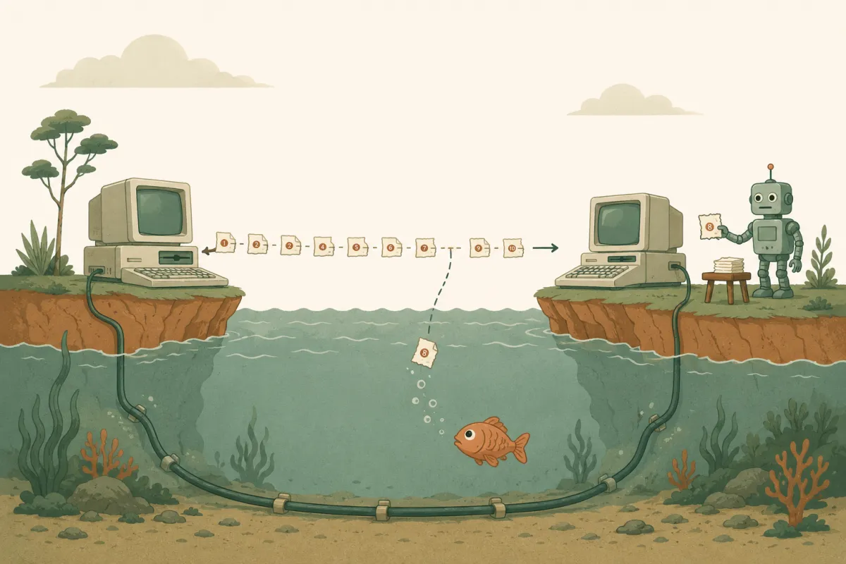 Two vintage computers on opposite shores of an ocean, linked by a cable lying on the seabed. A letter cut into numbered pieces travels from one to the other; piece 8 has slipped and is sinking toward a curious fish, while a small robot on the far shore calmly holds out a fresh copy of piece 8, a stack of spares beside it