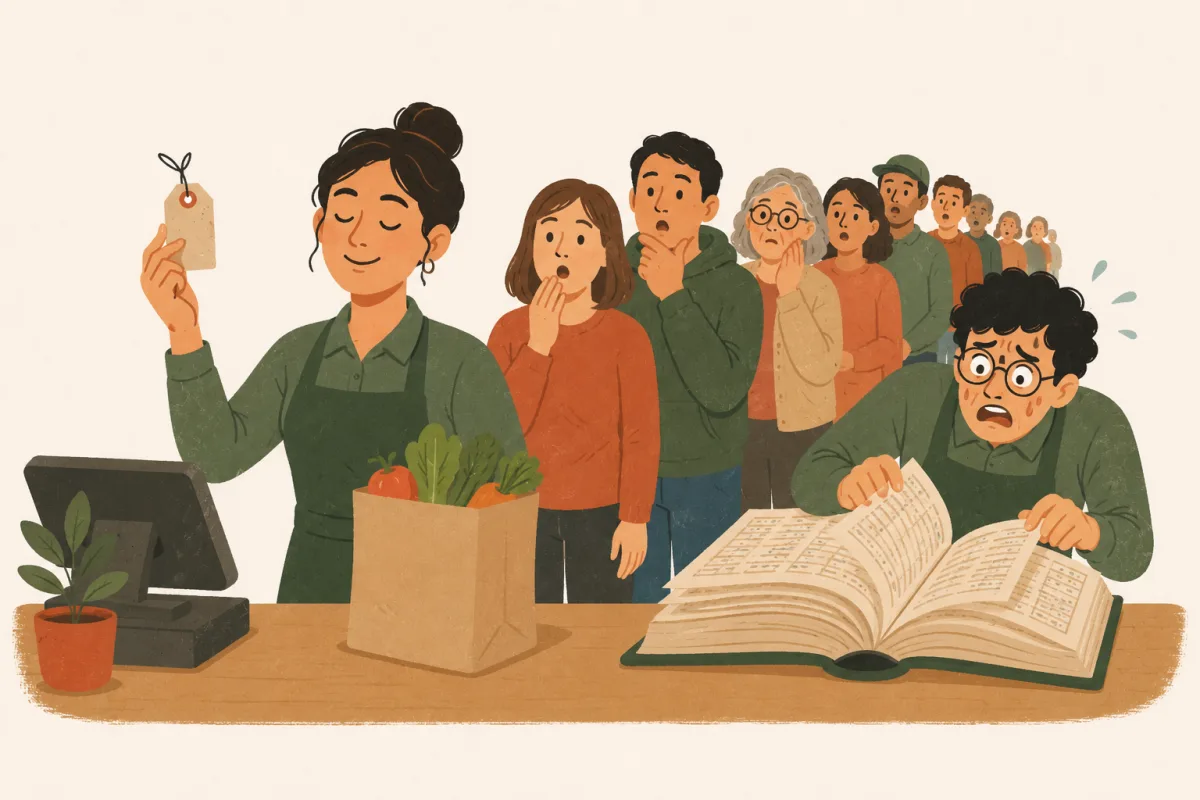 A serene grocery clerk holds up a price tag with her eyes closed while a panicked colleague flips through an enormous price book in front of a line of amazed customers