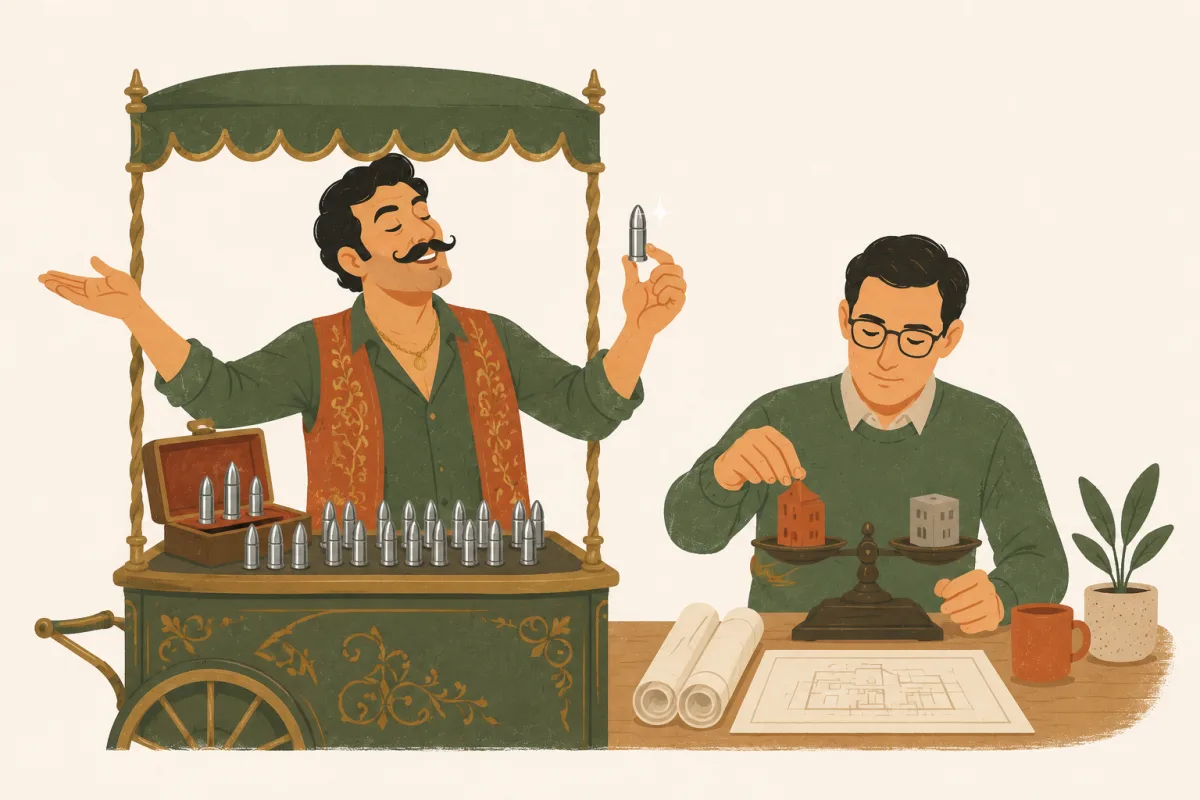 A flashy street vendor shows off shiny silver bullets on his ornate cart while, next to him, a calm architect weighs two small buildings on an old balance scale