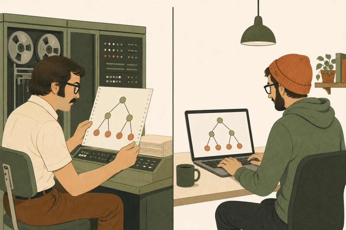 Scène coupée en deux : un ingénieur des années 1970 devant un mainframe tient un diagramme en arbre sur papier ; un développeur en bonnet devant son laptop regarde exactement le même arbre à l'écran