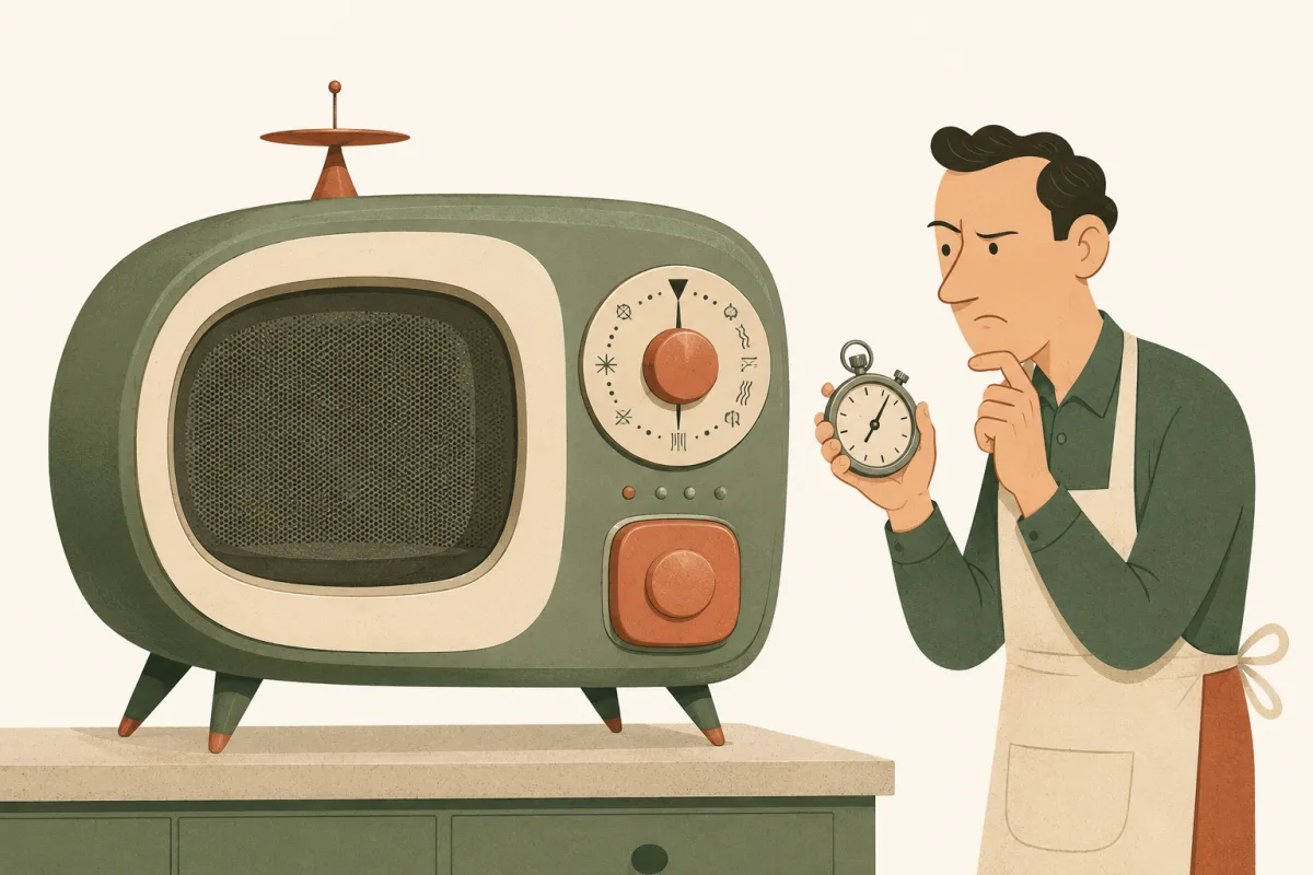 An absurd retro microwave with a single cryptic dial and one confusing button, a baffled person in an apron holding a stopwatch and squinting at it