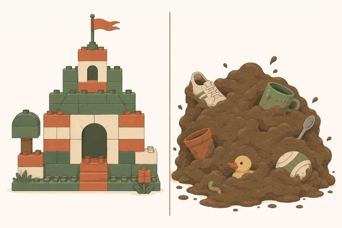 À gauche, un château bien construit en briques emboîtables ; à droite, un tas de boue où des objets sont à moitié engloutis