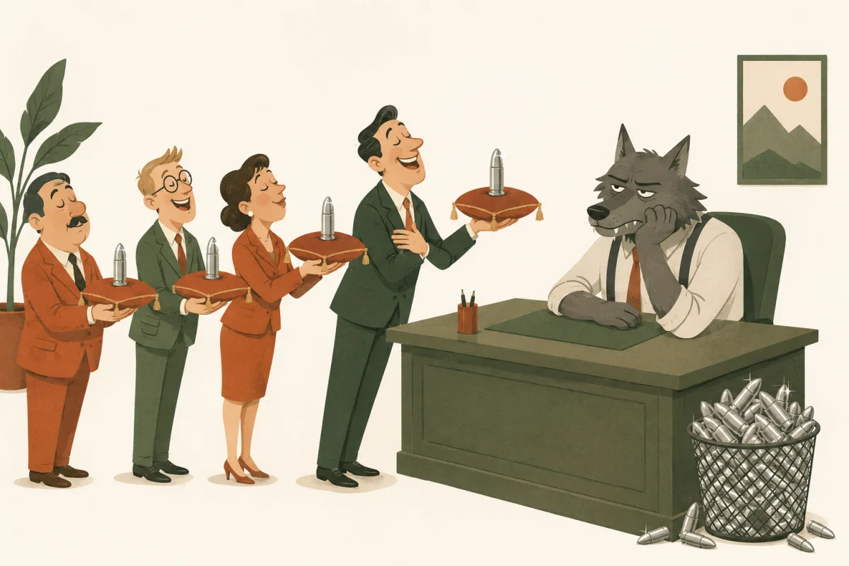 A bored werewolf sits behind a desk while a line of eager salespeople each present a shiny silver bullet on a cushion, a wastebasket beside the desk already full of rejected silver bullets