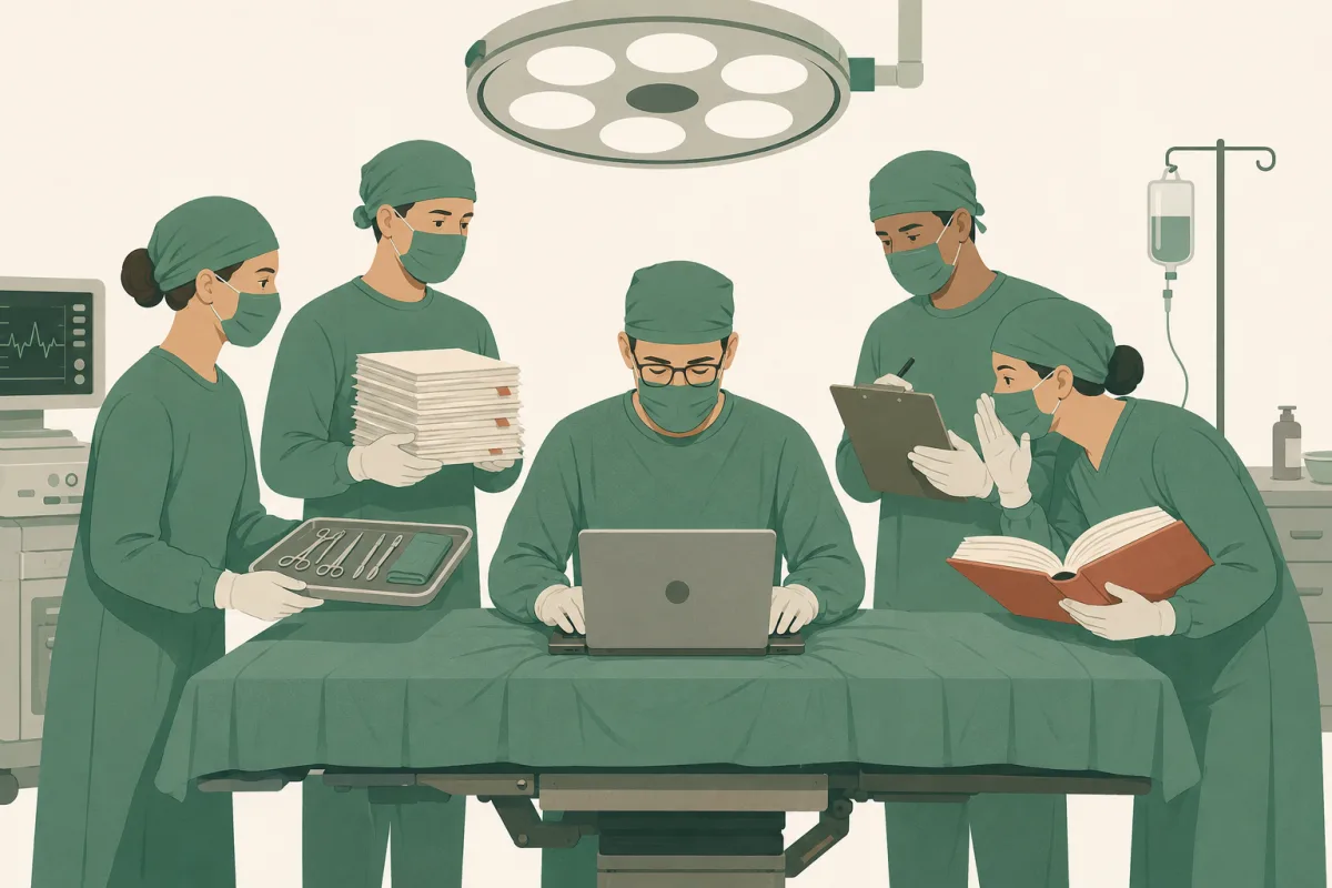 An operating room: a focused surgeon-programmer types on a laptop lying on the operating table, surrounded by a calm surgical team handing a tray of instruments, a stack of documents, a clipboard, while another reads a thick reference book