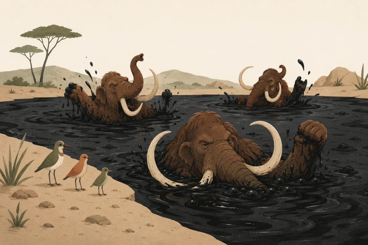 Several huge mammoths thrash and sink into a black tar pit, the biggest one sinking the deepest, while a few small calm birds watch safely from the edge