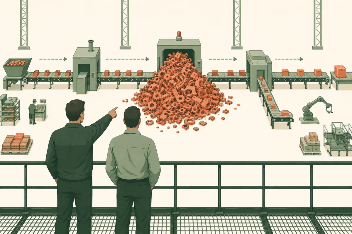 Deux hommes vus de dos sur une passerelle d'usine ; l'un pointe du doigt une énorme pile rouge de pièces qui bloque le flux entre les machines, le reste de la chaîne circule normalement