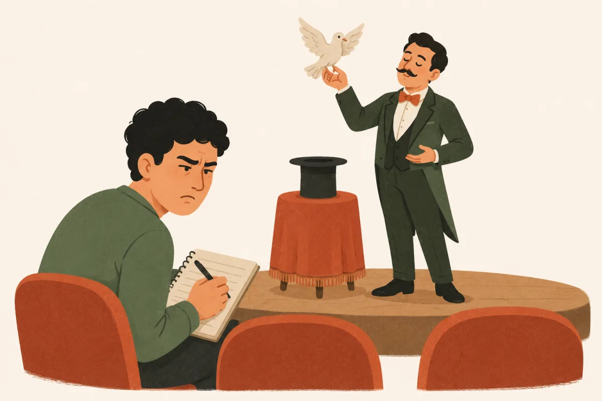In the front row of a magic show, a developer takes notes while squinting at the other hand of the magician pulling a dove from a hat