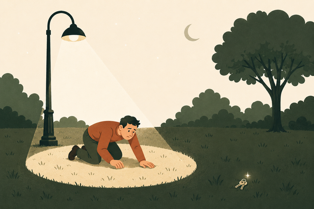 Un homme à quatre pattes cherche sous le cercle de lumière d'un lampadaire pendant que les clés brillent à peine dans l'herbe sombre au-dehors