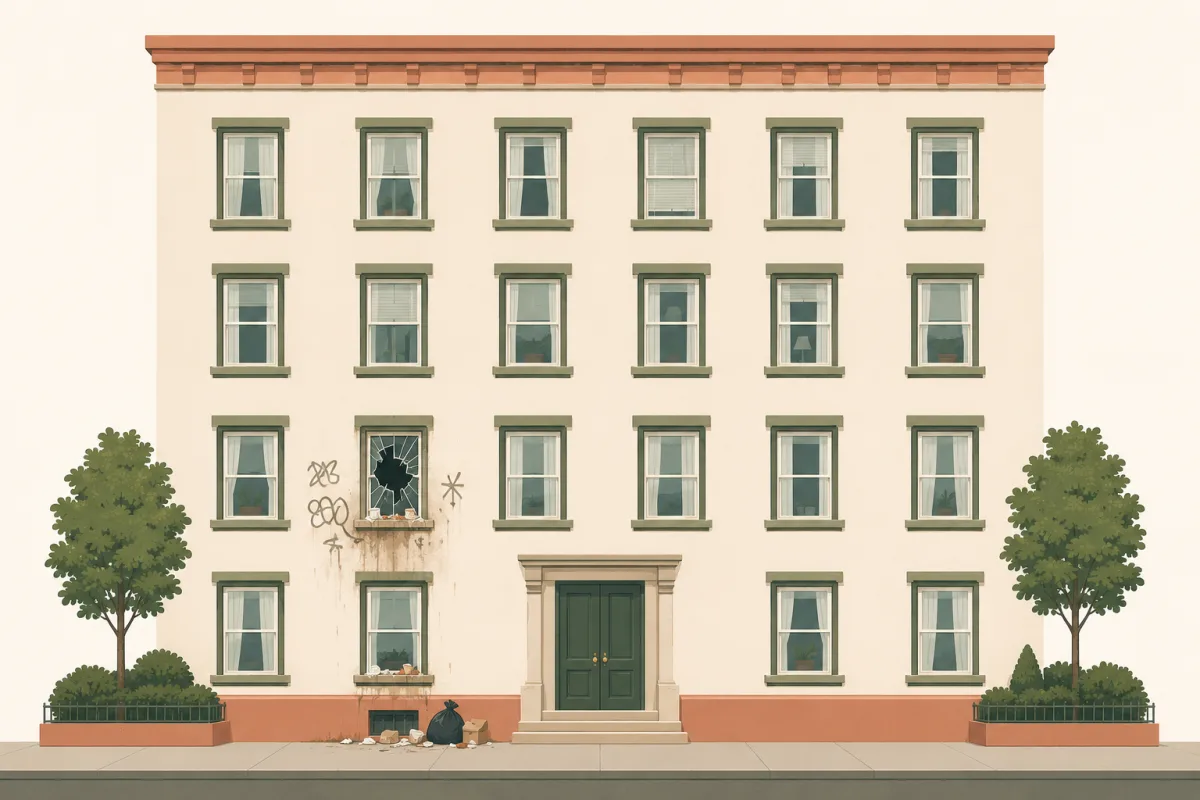 A tidy apartment building facade where every window is clean except one single broken window, with graffiti and litter accumulating only around that window while the rest stays pristine