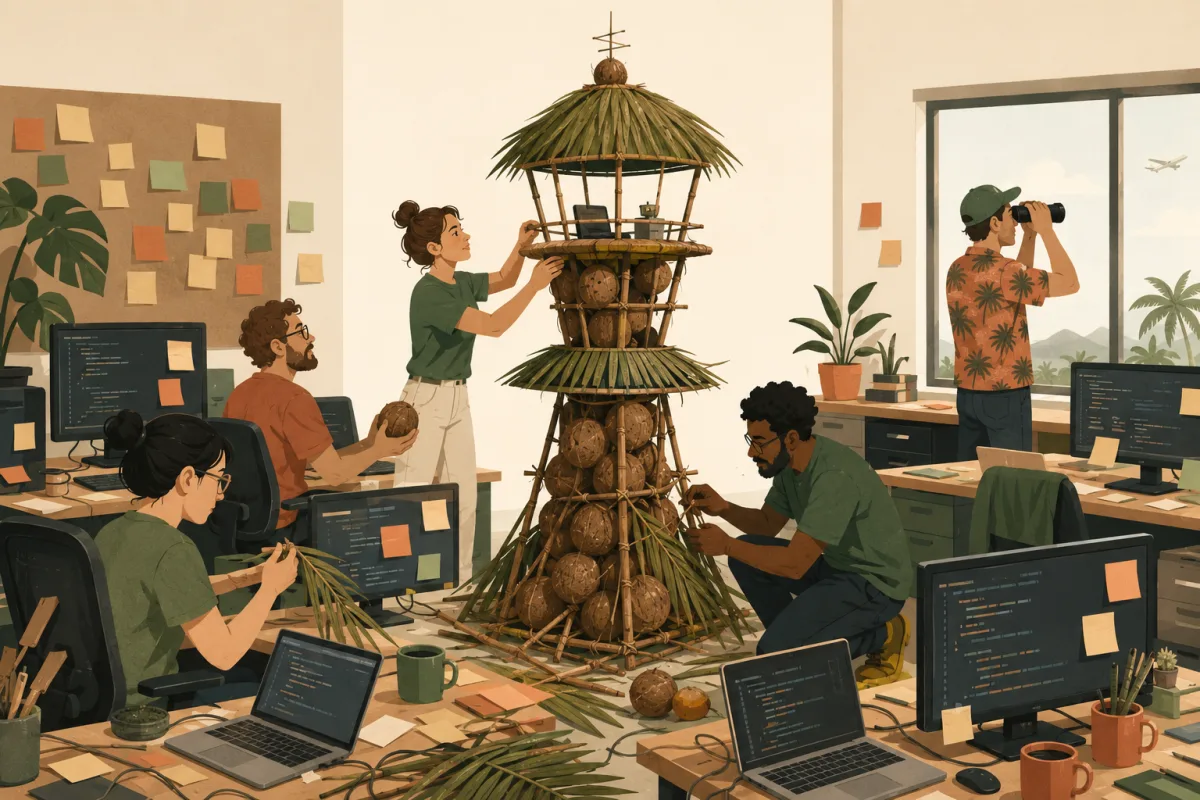 An open-plan office where developers assemble a replica airport control tower made of coconuts and palm fronds between their desks, while one of them scans the sky through the window with binoculars