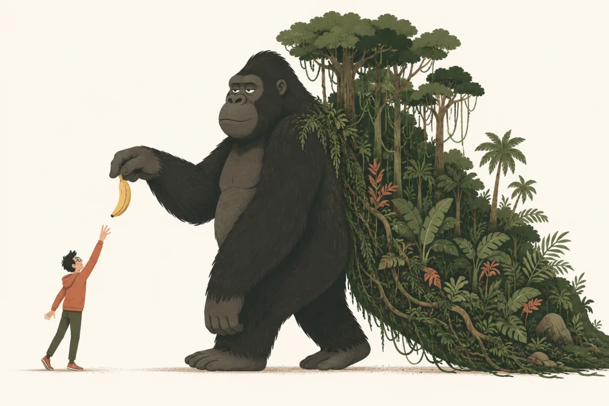 A small developer reaches out to grab a single banana, but a huge placid gorilla calmly holds it, and an entire dense jungle of vines and trees is attached to the gorilla's back