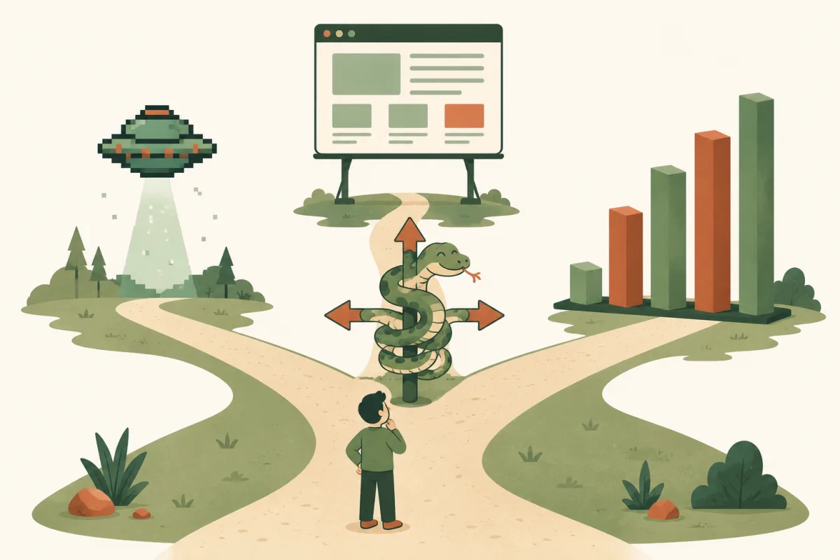 A person at a crossroads where three paths diverge: a pixelated alien spaceship (the game), a browser window (the web app), a bar chart (data visualization), with a friendly python snake coiled on the signpost pointing all three ways