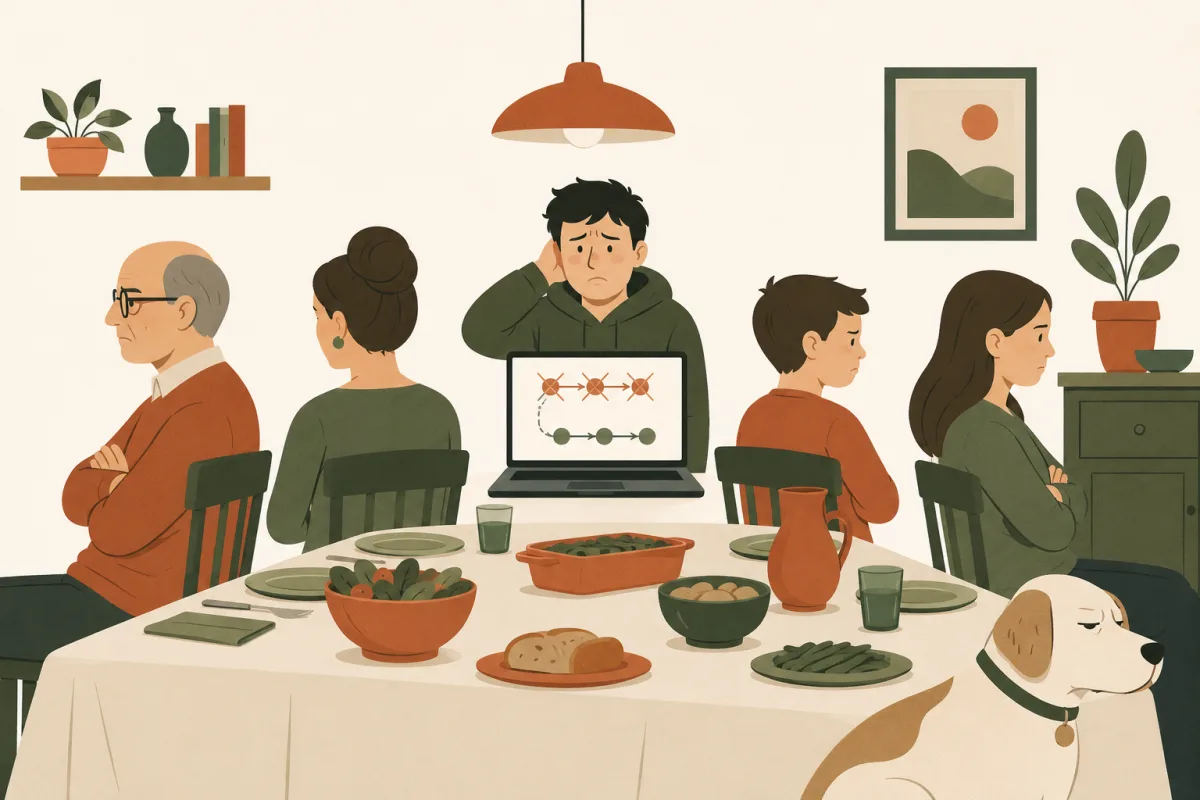 Un dîner de famille où tout le monde tourne le dos à un développeur penaud, son ordinateur affichant un graphe de branches Git ; même le chien détourne le regard