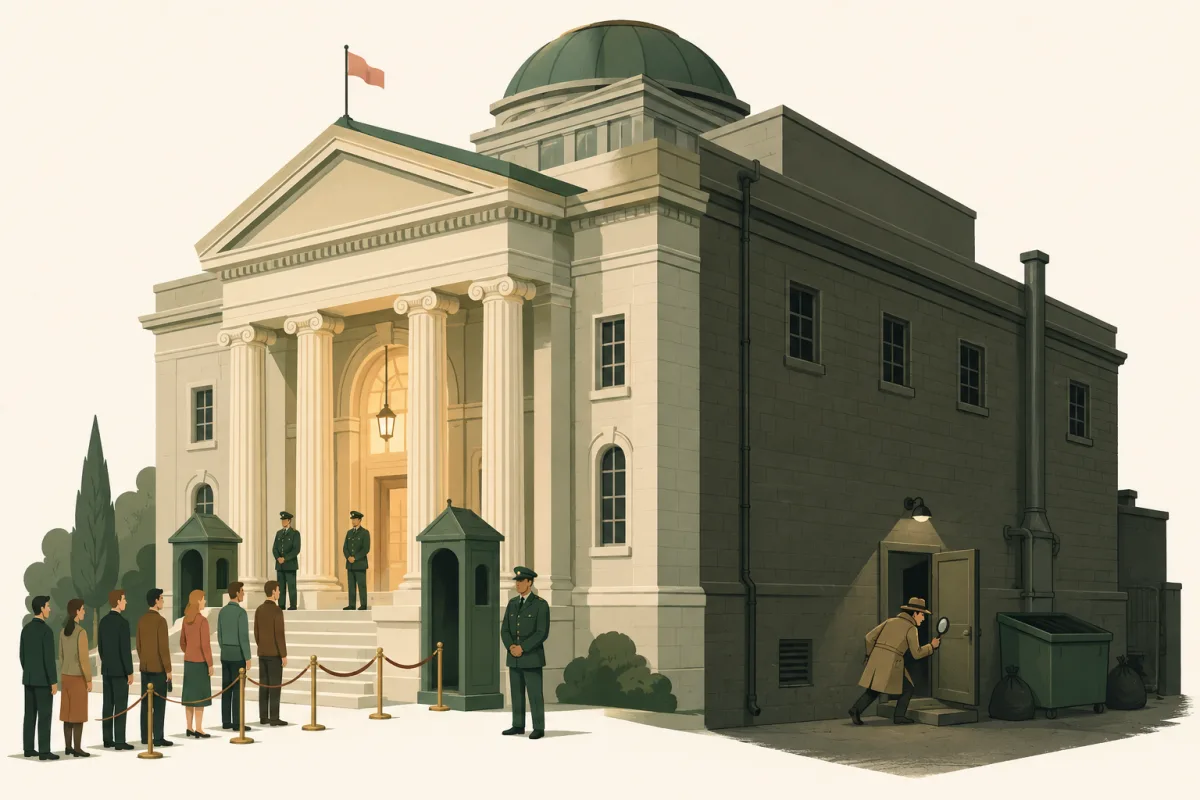 A grand bank building: a guarded front entrance with a queue of visitors, while a detective in a trench coat slips through a small service door at the back, next to the dumpster